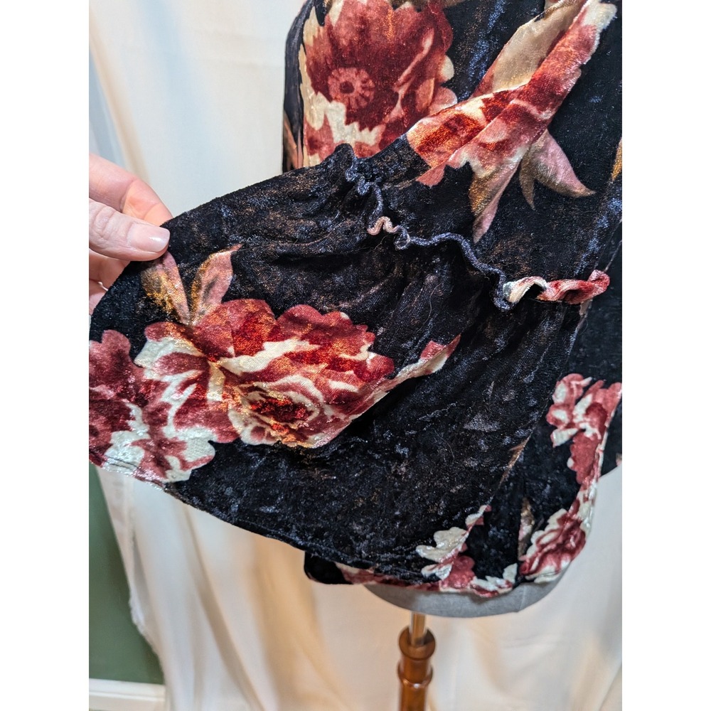 Boho Cottagecore Prairie M Navy Blue Velvet Floral Bell Ruffle Sleeve Sweet Top - Picture 6 of 9